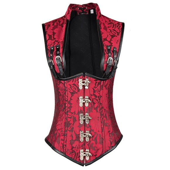 Gothic Steampunk Red & Black Lace Corset β Halter Neck, Buckle Straps - Picture 1 of 2